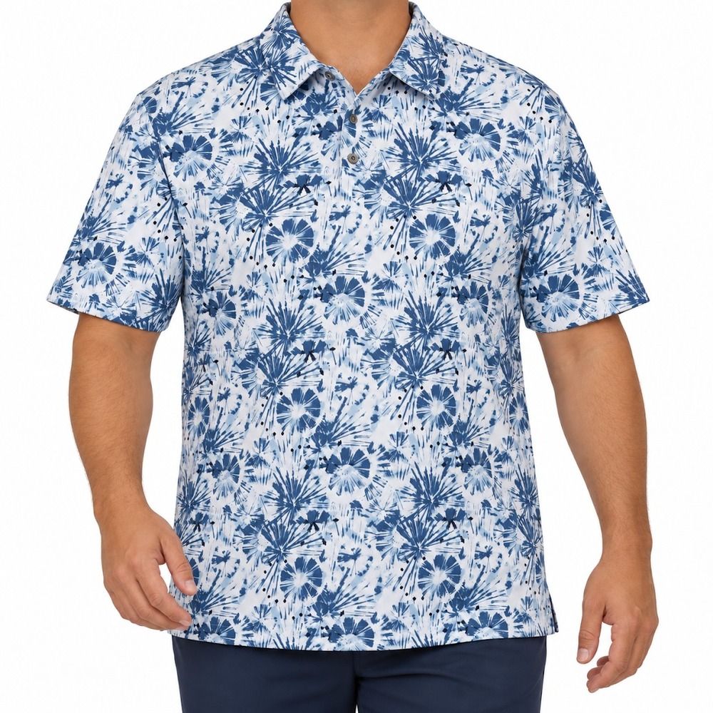 PGA Tour Pro Series Polo Shirt Men XL Blue White Floral Golf Athletic Fit Casual